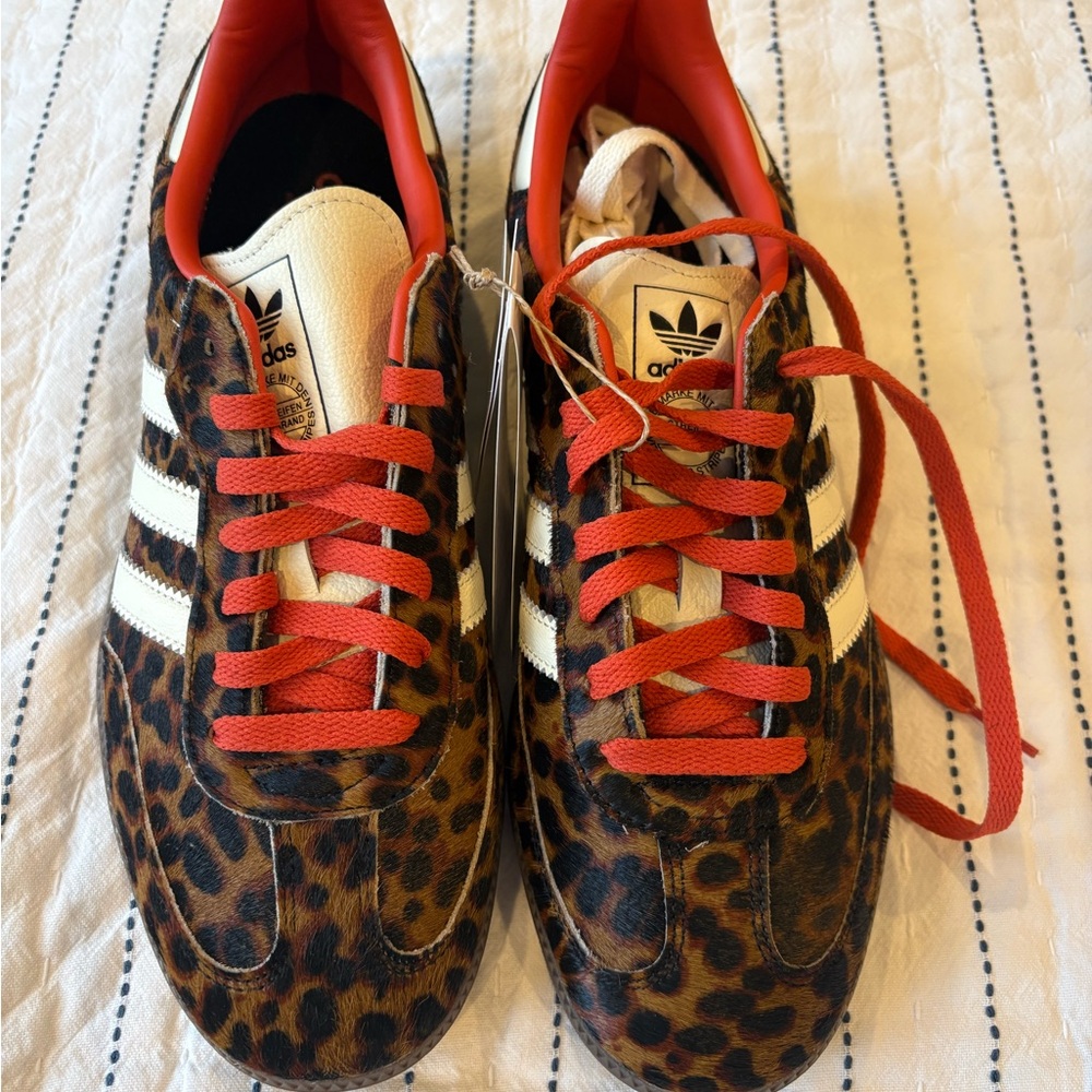 Women’s Adidas Sambas in Leopard print with red laces. - Picture 2 of 4
